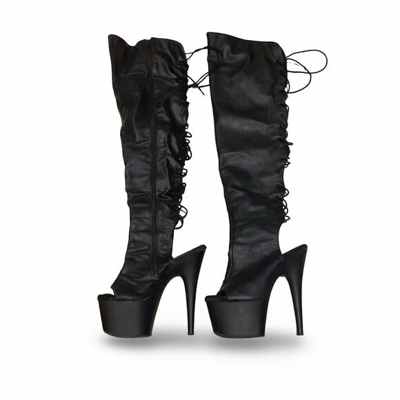 Thigh High Laceup Back Peep Toe Platform Boots - Picture 9 of 11